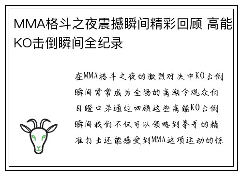 MMA格斗之夜震撼瞬间精彩回顾 高能KO击倒瞬间全纪录